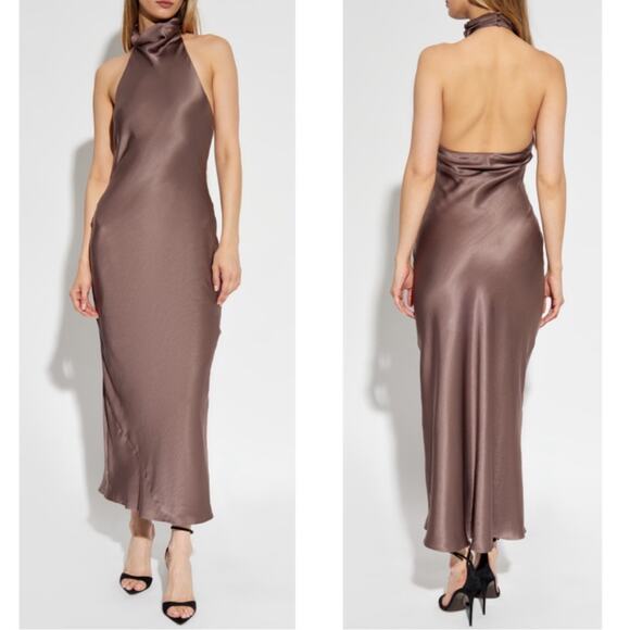 Anine Bing Eliana Silk Halterneck Maxi Dress in Iron Brown Size Small - Picture 2 of 9
